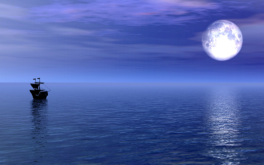 sailing ship on the sea with a full moon