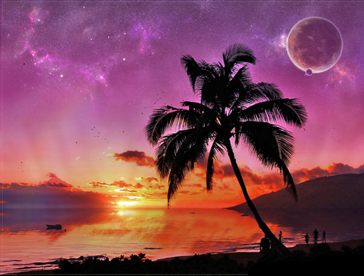 While the sun goes down, you can see an alien moon setting