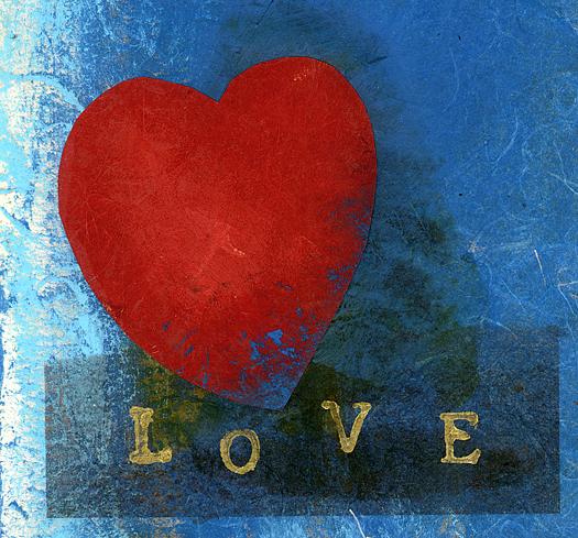 Red heart with LOVE letters. Mix media collage