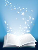 Open magic book with flying shining stars