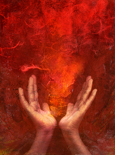 Photo based mixed medium images of hands with red